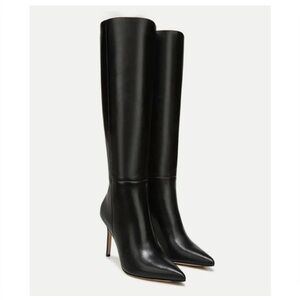 VERONICA BEARD LISA Tall WIDE CALF  Black Pointed Toe Smooth Leather Boots